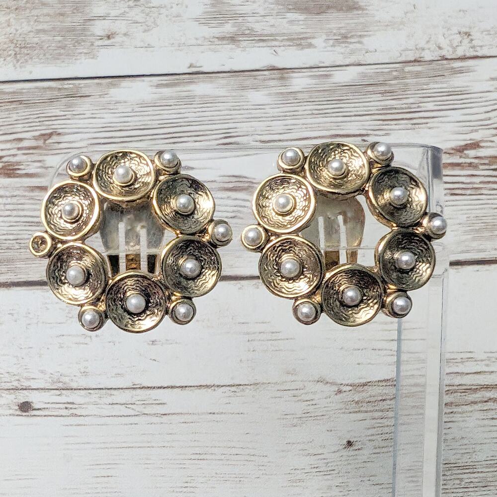 Vintage Clip On Earrings Gold Tone Faux Pearl Large - One Faux Pearl Missing